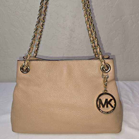 Michael Kors Jet Set Gold Chain Beige Pebble Grain Leather Medium Shoulder Bag - Picture 1 of 14